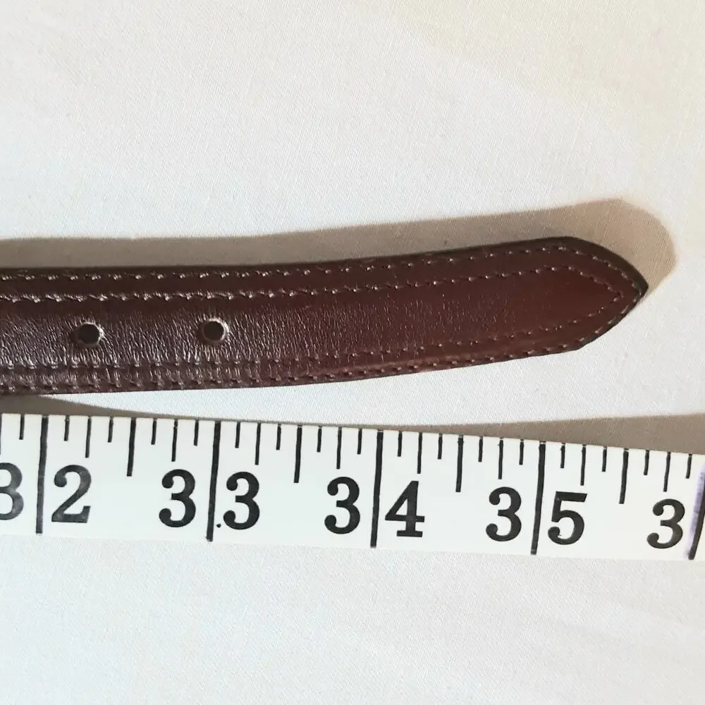 💎Unisex Dark Brown Leather Belt M  Polished Silver Tone Buckle Stitched Detail
